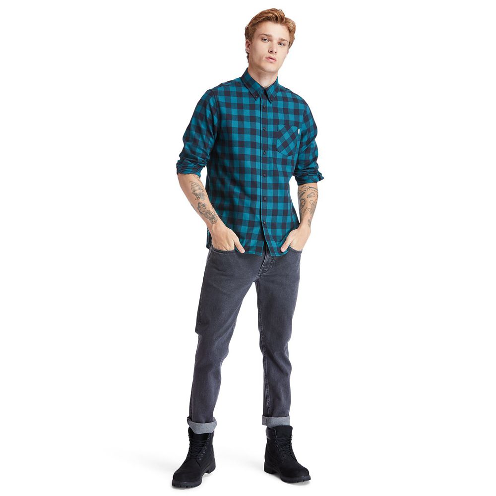 Camisa Timberland Argentina Hombre - Nashua River Long-Sleeve Flannel Check - Azules/Negras - QBNAOZ